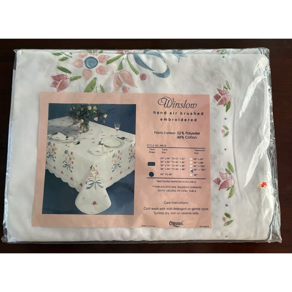 VTG Omusa Tablecloth Winslow Pattern Hand Air Brush Embroidered 120" X 66" NOS